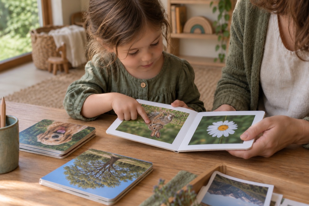 Una niña mira un libro de imágenes reales con una persona adulta